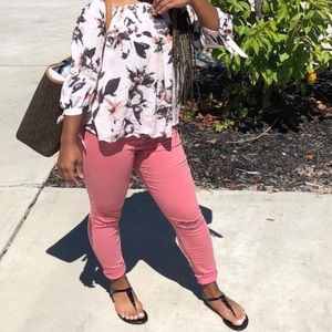 pink, mid-rise, distressed jeans